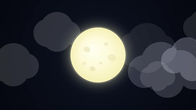 Full glowing yellow moon shining bright in the dark night sky with soft translucent clouds motion render vector illustration background for night