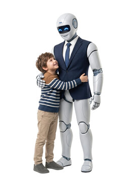 Happy little boy hugging caring robot dressed in suit
