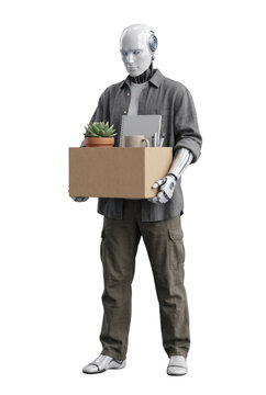 Humanoid robot worker carrying cardboard box with office supplies
