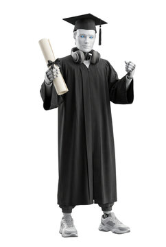Humanoid robot graduate celebrating with diploma scroll and headphones
