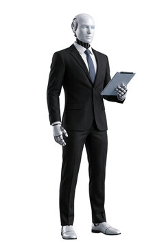 Humanoid robot businessman using digital tablet standing confidently