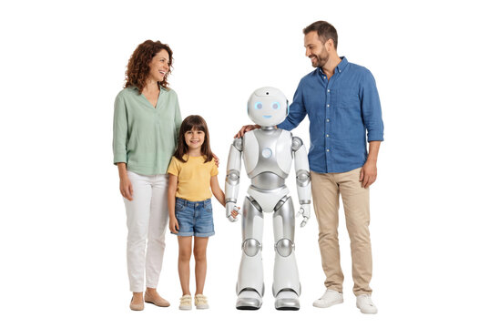 Happy family standing together with domestic companion robot