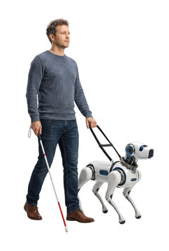 Visually impaired man walking guided by futuristic robotic dog