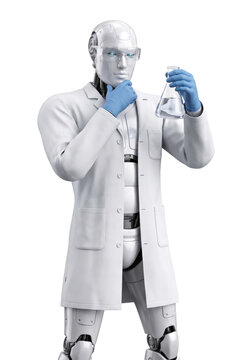 Humanoid robot scientist in lab coat analyzing laboratory flask