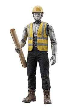 Robot civil engineer wearing safety hardhat holding construction blueprints