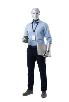 Humanoid robot employee holding disposable coffee cup and laptop computer