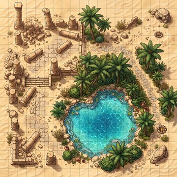 Ancient desert oasis map with ruined temple columns and pool for tabletop games