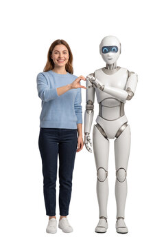 Smiling woman and white robot making heart shape together