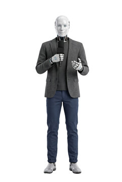 Humanoid robot presenter speaking with microphone on dark backdrop