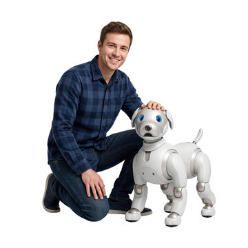 Happy young man petting white futuristic robot dog companion