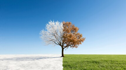 Obraz premium Tree visualizing winter and spring seasons merging, showing contrasting frosted and green foliage with snow and grass