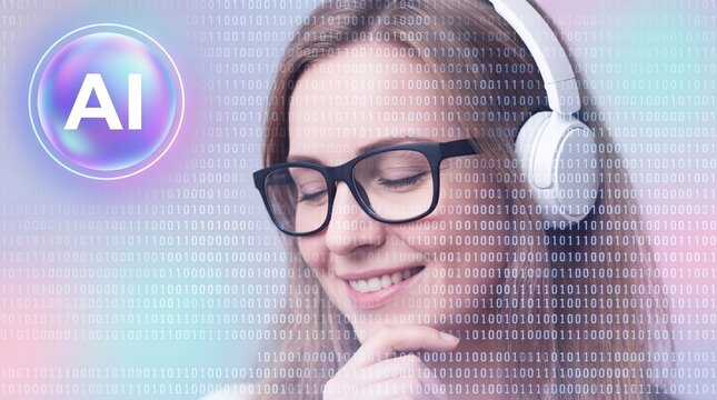 Woman with Headphones Enjoying Music AI Icon Binary Code Background