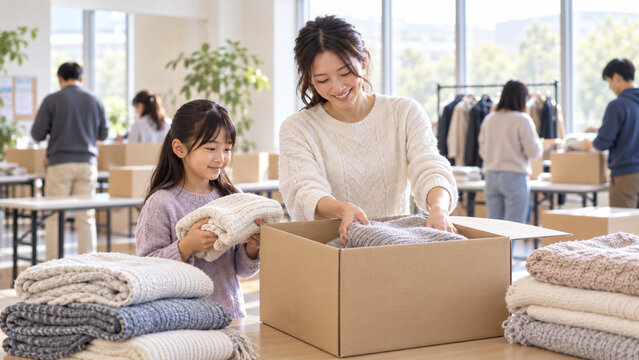 Mother and daughter sorting blankets for donation，寄付する毛布を箱に詰める母と娘