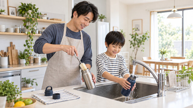 Father and son cleaning reusable bottles in the kitchen，キッチンで水筒を洗う父と息子