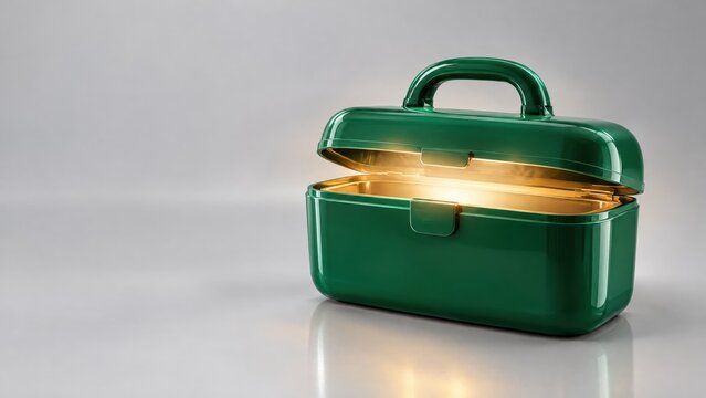 Emerald green vintage style cosmetic vanity case with a glowing golden interior resting on a reflective white surface under soft studio lighting for luxury branding
