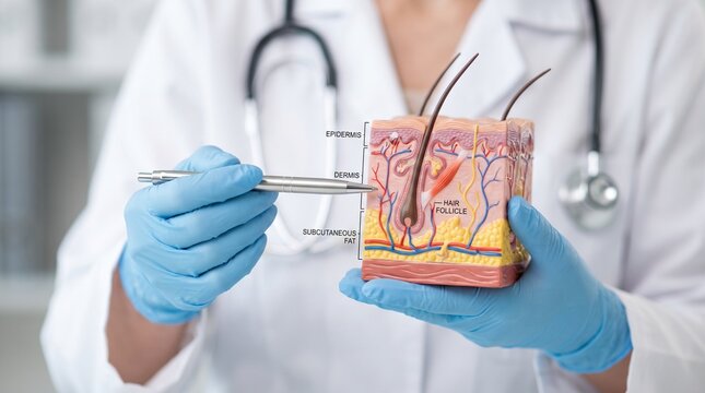 M&eacute;dica dermatologista irreconhec&iacute;vel segurando modelo anat&ocirc;mico de pele humana. Conceito de dermatologia, est&eacute;tica e preven&ccedil;&atilde;o do c&acirc;ncer de pele