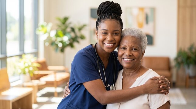 Caring African American female nurse hugging happy senior woman. In-home nursing care, elderly support and medical assistance concept.