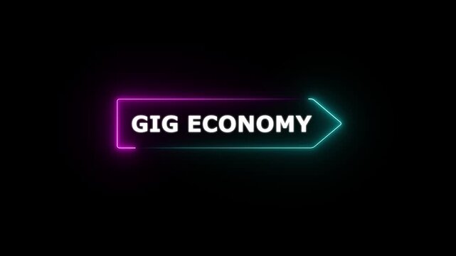 4K 3D Neon Signpost with Gig Economy Message and Glowing Left to Right Direction Arrow Animation on Black Background, Freelance Work, Digital Employment and Future Business Concept..