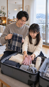 Father and daughter packing a suitcase for a winter trip，冬の旅行に向けて荷造りする父と娘