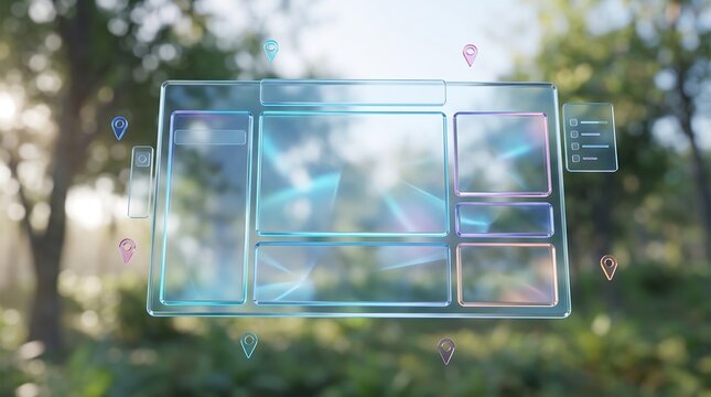 Transparent glass interface template with empty modular UI panels and navigation icons floating in front of a blurred sunlit forest background for modern software app design