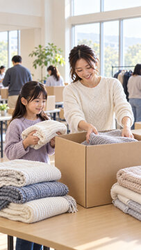 Mother and daughter sorting blankets for donation，寄付する毛布を箱に詰める母と娘