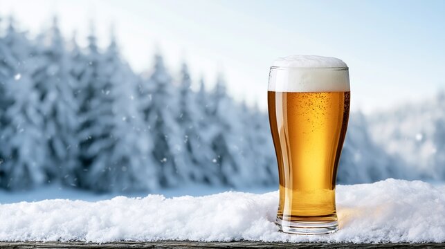 Golden beer glass with frothy head on snowy wooden surface, winter forest background, cold refreshment