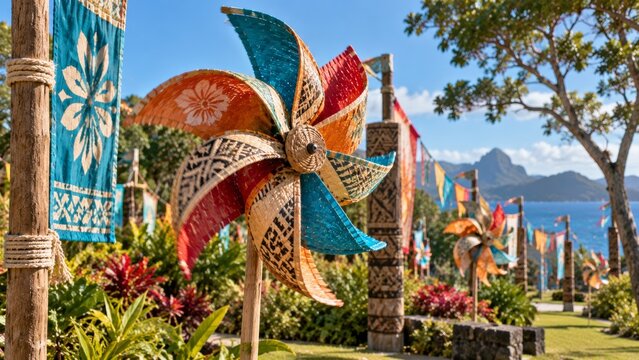 Colorful woven pinwheel decor fills tropical garden path. Pinwheel display stands beside patterned banners and lush plants, creating festive resort decor with bright seaside charm.