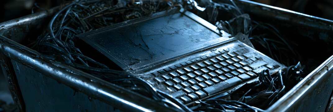The old, out-of-date laptop was thrown in the trash. E-waste and proper disposal of obsolete electronics. Digital detox and dealing with tech-related stress
