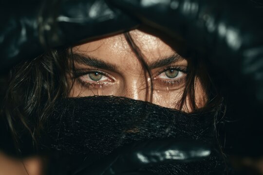 Woman with wet skin and tearful green eyes looking intensely, expressing sadness