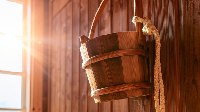 Wooden sauna bucket and rope hanging on a warm panel wall, creating a serene atmosphere in a spa or wellness space
