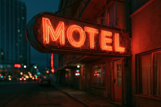 Old neon sign advertising a motel in a dark urban environment at night