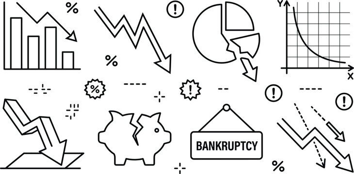 Set of financial crisis bankruptcy chart piggy bank recession economic decline line art elements isolated on white background