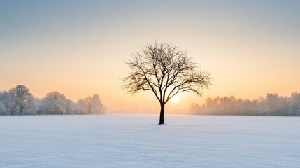 Obraz premium Solitary leafless tree standing in a vast snow covered field at winter sunrise, golden light glowing