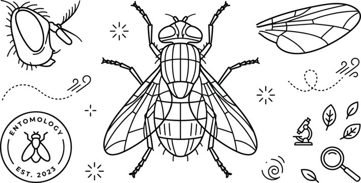 Set of housefly insect anatomy wing microscope entomology badge line art elements icons isolated on white background