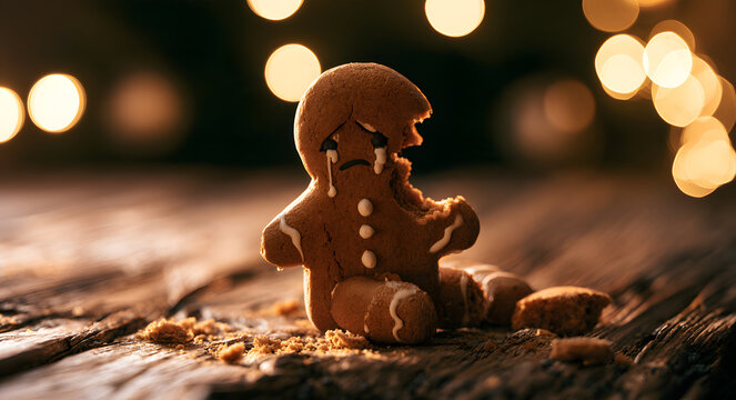 A wintery gingerbread man cookie with a mouth bitten off, weeping as a Christmas biscuit. The holiday stress mixed with a humorous failure concept, taking up space