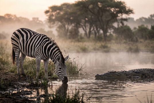 Safari zebra drinking at dawn savanna waterhole, lurking crocodile predator poses danger.