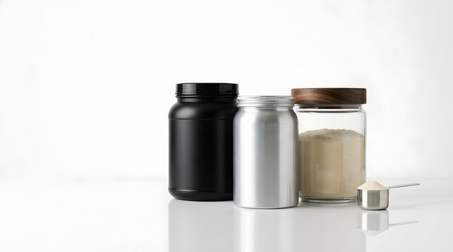 Protein powder supplement jars with a measuring scoop on a table