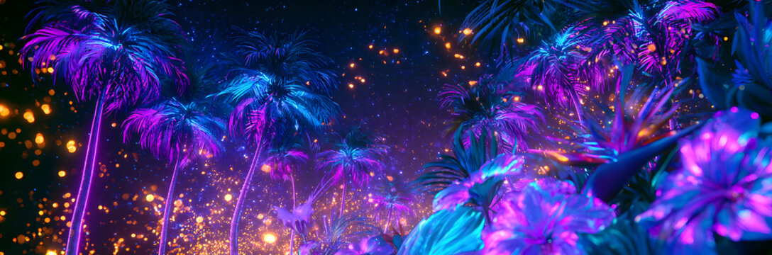 A picturesque tropical beach scene during the summer, with neon palm trees, colorful flowers, and the effect of bokeh lights against a sky ablaze with stars, evoking the spirit of a festive travel des