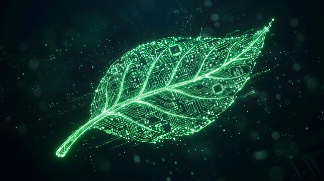 Digital circuits forming a glowing green leaf for eco technology concept