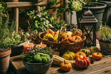 Obraz premium Rustic autumn harvest display with pumpkins and gourds in a wicker basket on patio