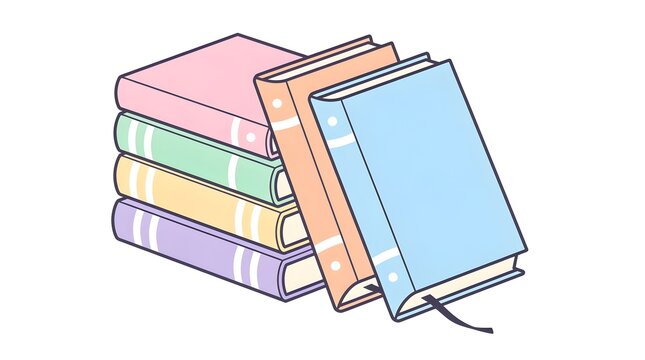 Books stacked neatly in various pastel colors ready for reading and studying in a library.