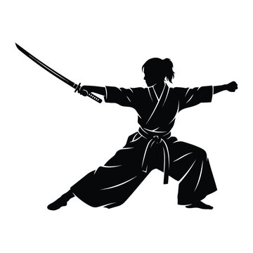 Woman Samurai Warrior Silhouette Holding Katana Sword in Martial Arts Combat Stance