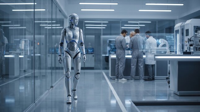 Humanoid robot walking through a high technology laboratory with clean white walls and polished floors while scientists in grey uniforms work on complex engineering projects in the background during a