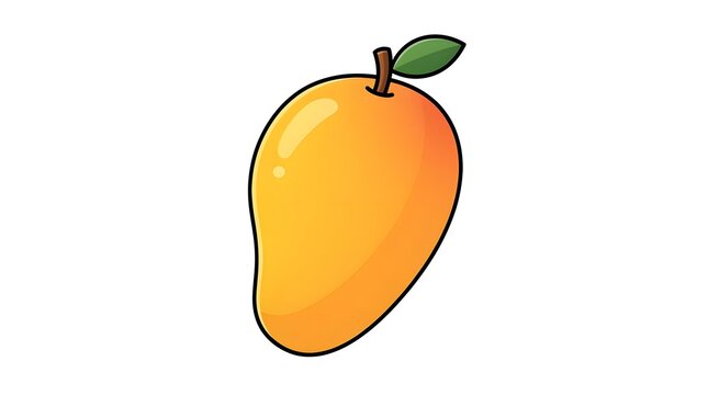 Mango fruit illustrated vividly with a green leaf and stem against a plain white backdrop.
