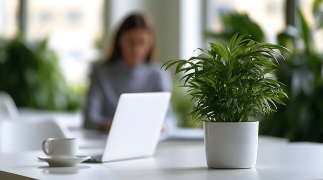 A potted plant sits on a white desk beside a laptop and coffee cup  with a person working in the background