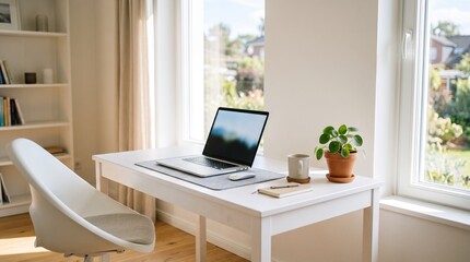 Fototapeta premium Bright Laptop Workspace with Green Plant and Natural Window Light