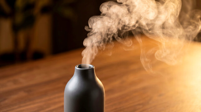 Aroma diffuser emitting fragrant mist on warm wooden table, creating serene atmosphere for home relaxation.