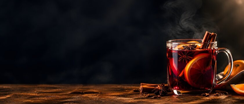 Macro close up of steaming hot mulled wine inside clear glass mug with orange slices, cinnamon sticks and star anise on rustic wood table, premium restaurant winter beverage banner 