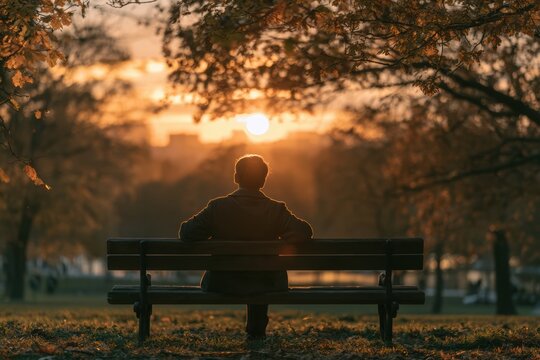 Man watching a beautiful sunset while sitting alone on a park bench in autumn