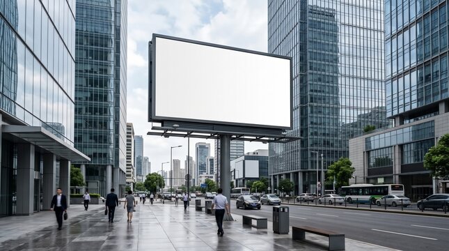 A large blank outdoor billboard mockup situated on a busy city street with modern glass skyscrapers